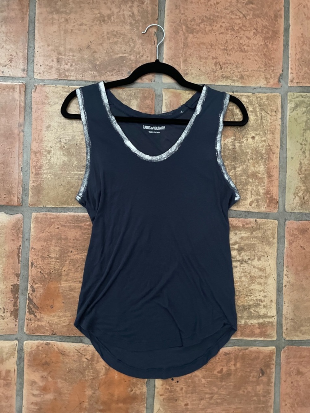 Zadig & Voltaire Dark Blue Tank with Silver Metallic Trim Approx Size S/M